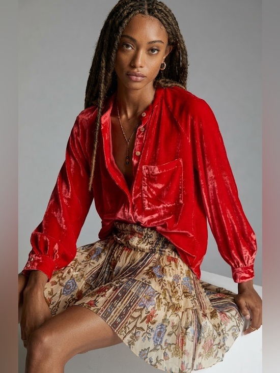 Pilcro Tops - Pilcro Ruby Red Puff Sleeve Velvet Button Down Blouse Medium Cottagecore Femme